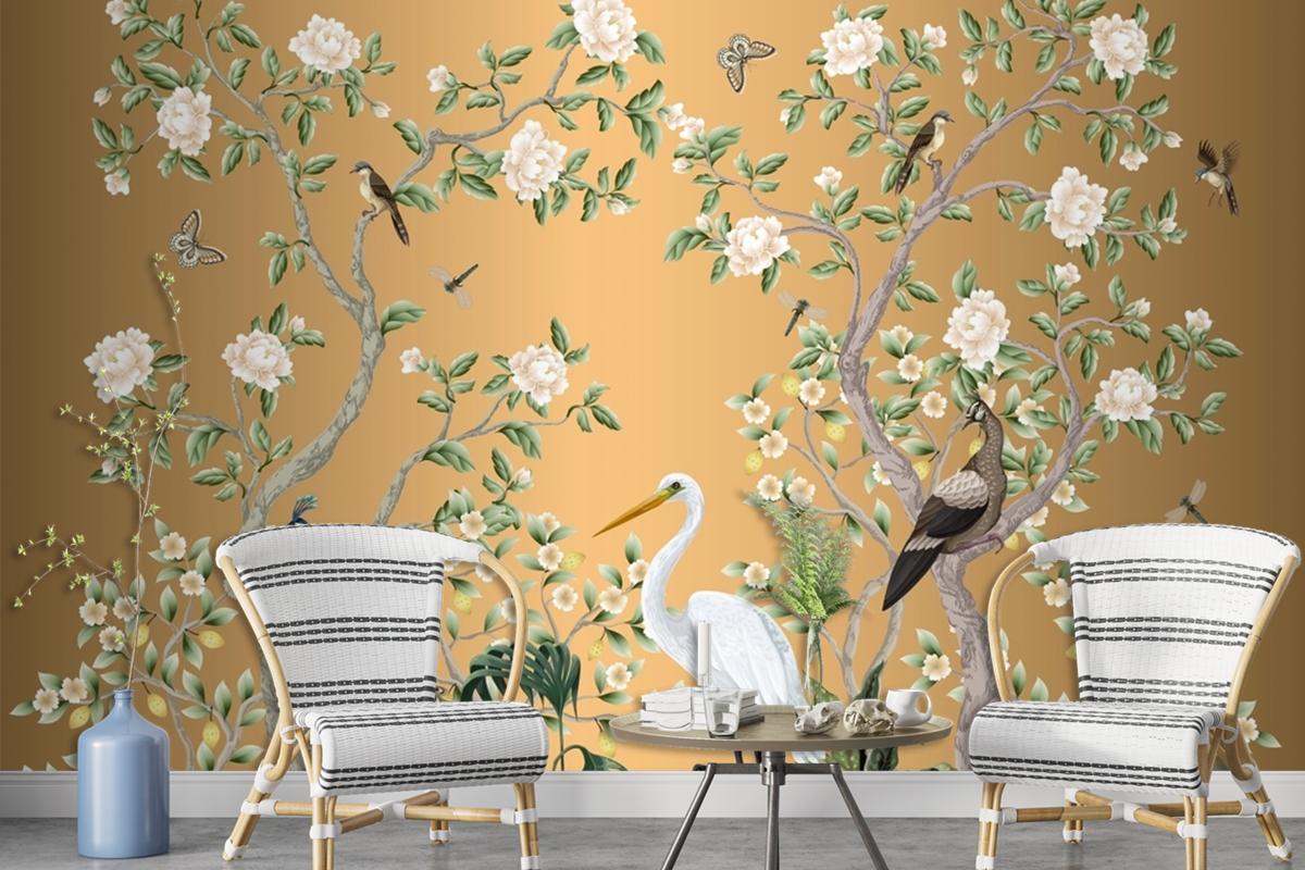 Chinoiserie Mural With Peacocks And Flowers Trees Wallpaper Mural