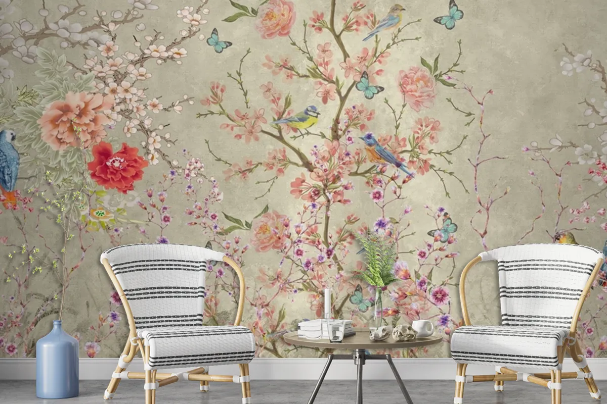 Whimsical Birds Blooms A Dance of Nature's Delicacy Wallpaper mural