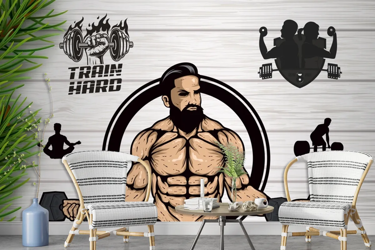 Ahşap Arka Plan Çim Dambıl Gym Fitness Duvar Kağıdı