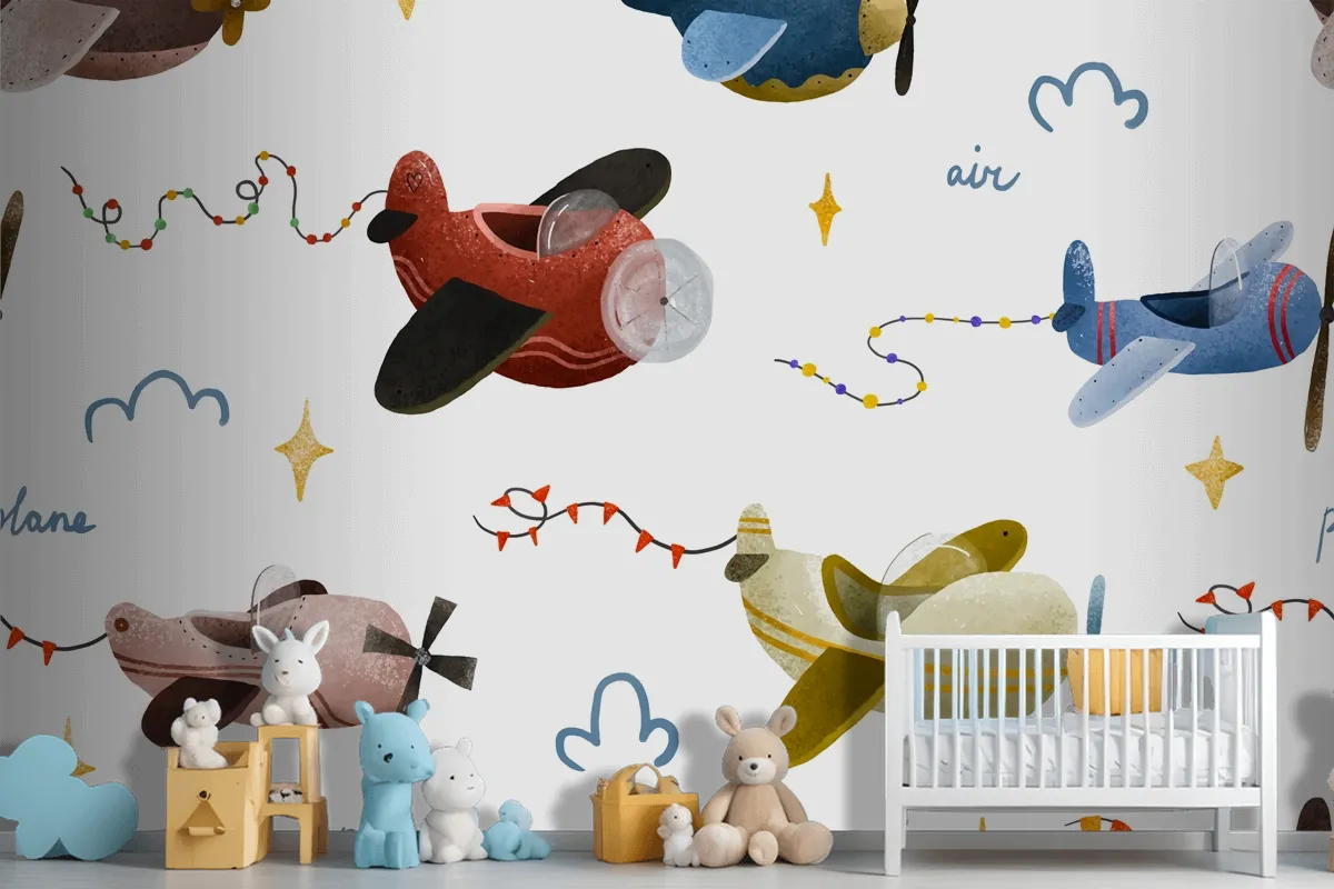 Aircraft And Clouds In Scandinavian Style Boy Wallpaper Mural