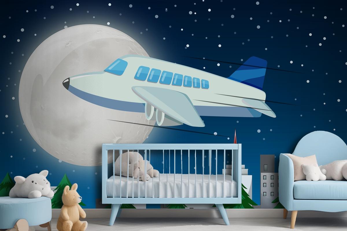 Airplane Flying Over Sky At Night Wallpaper Mural