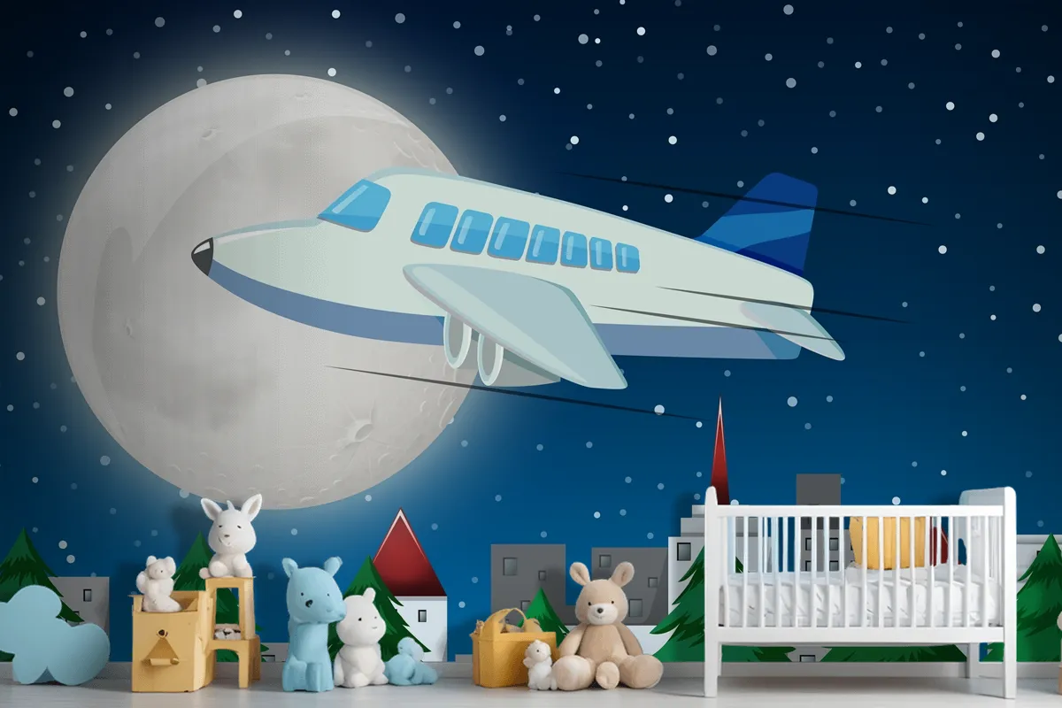 Airplane Flying Over Sky At Night Wallpaper Mural