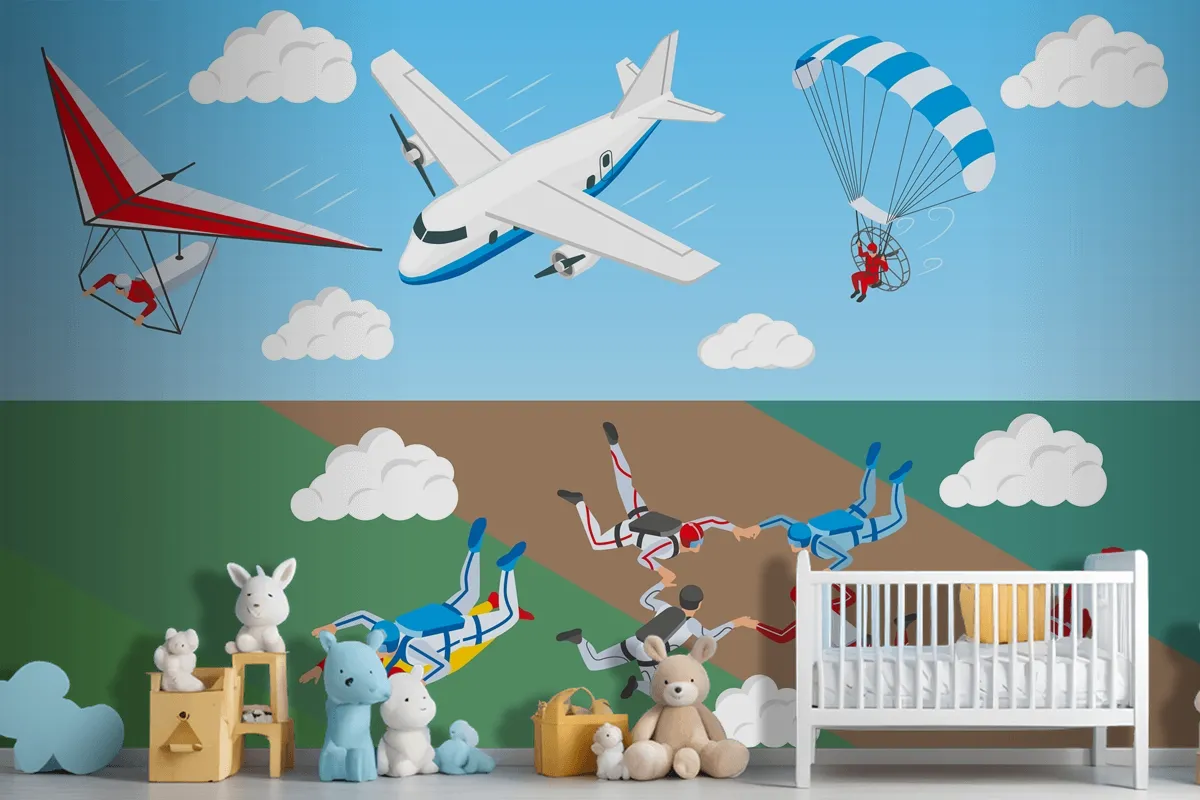 Airplane Hang Glider And Group Of People Skydiving In Sky Wallpaper Mural