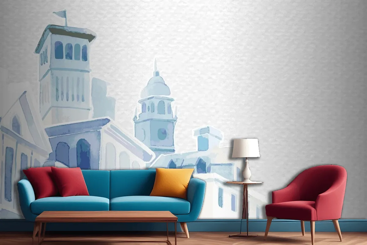 Architectural Mediterranean Buildings In Watercolor On White Paper Textured Living Room Wallpaper Mural