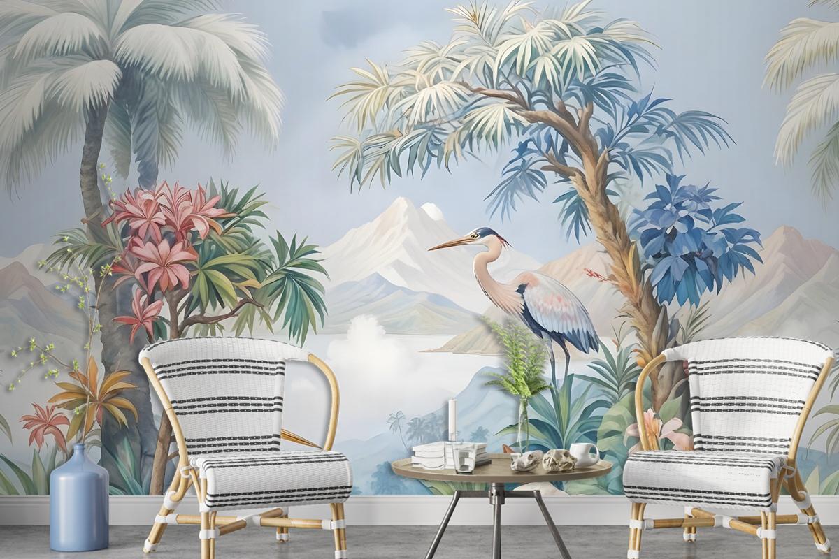 Art Painting Colorful Landscape With Heron Birds Wallpaper Mural