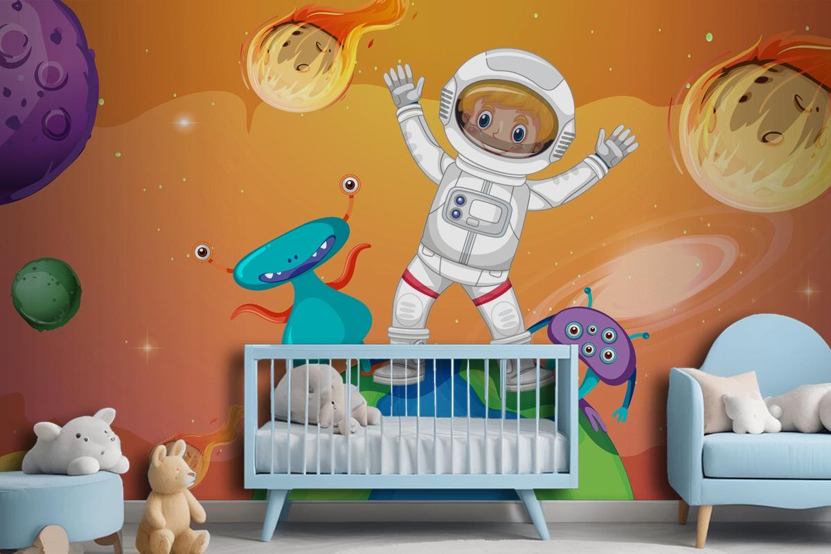 Astronaut Kid With Aliens Standing On The Earth In Space Scene Wallpaper Mural