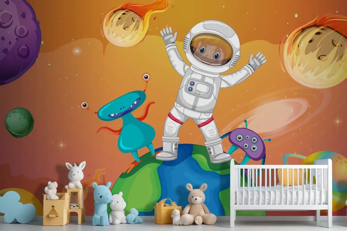 Astronaut Kid With Aliens Standing On The Earth In Space Scene Wallpaper Mural