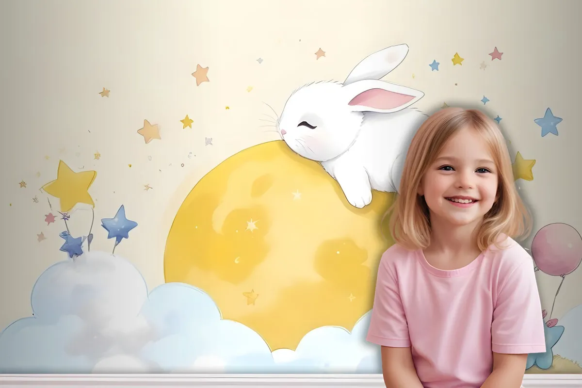 Baby Cartoon Rabbit And Yellow Moon Wallpaper Mural