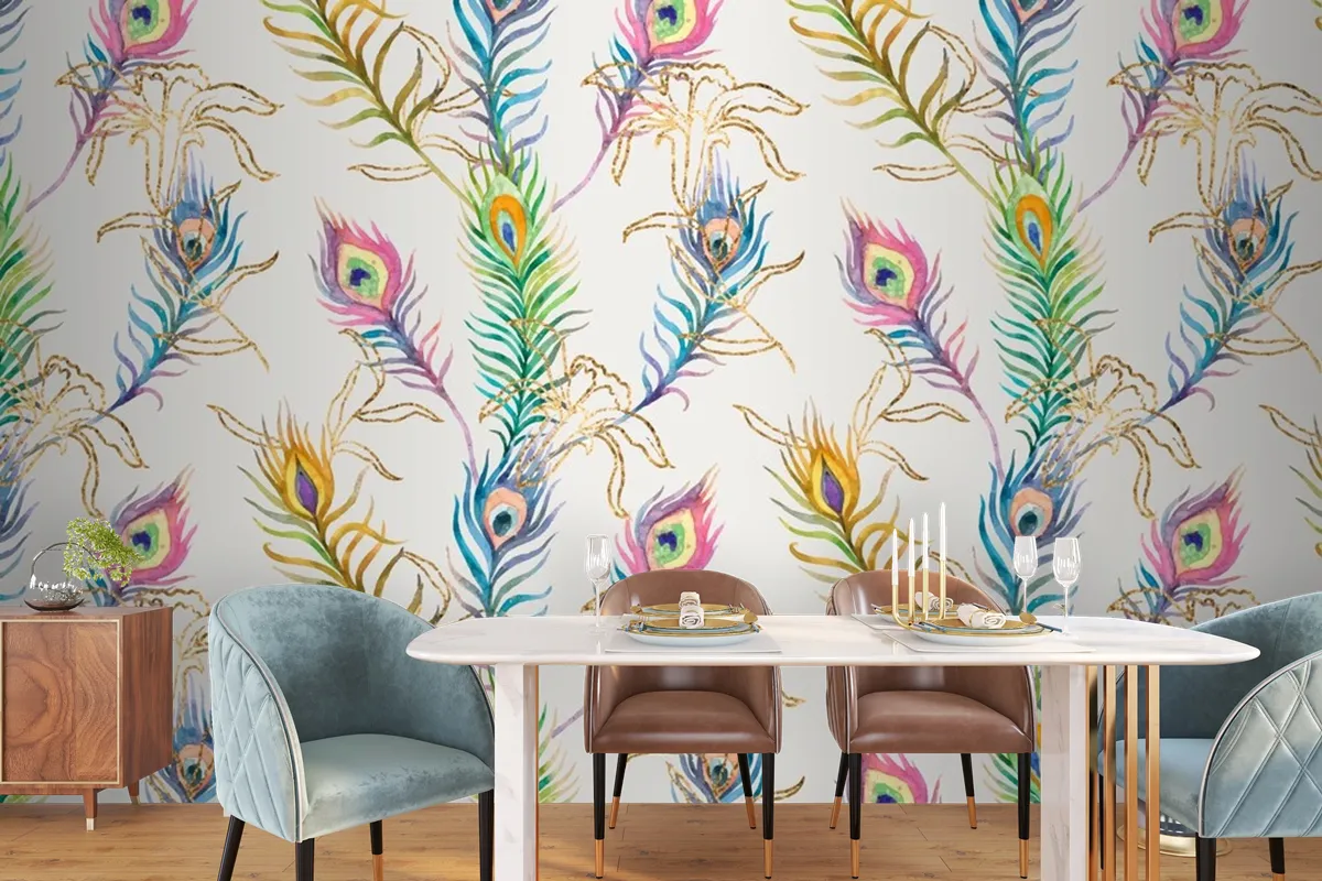 Background Of Peacock Feather Colorful Watercolor Pattern Wallpaper Mural