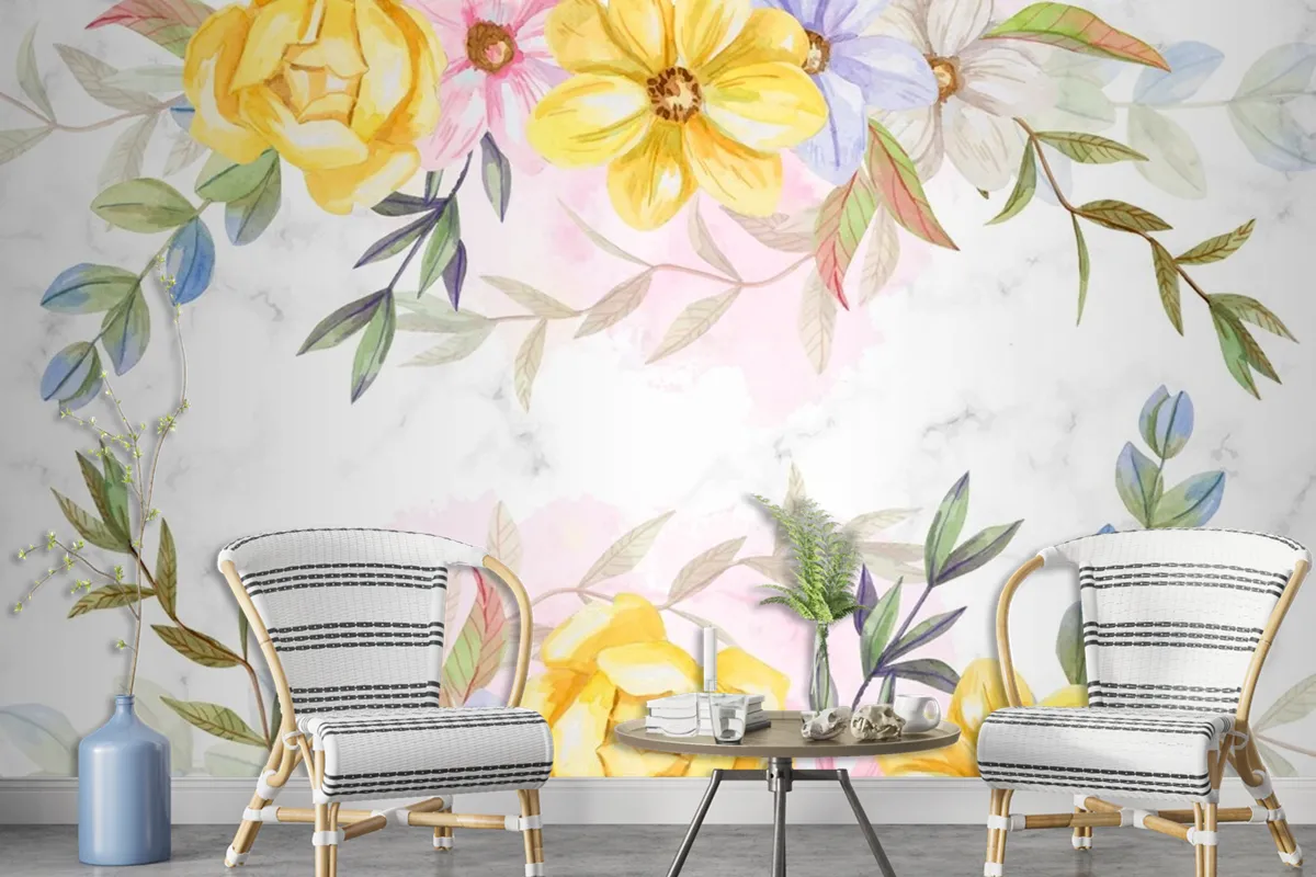 Background Watercolor Flowers In Pastel Colors Wallpaper Mural