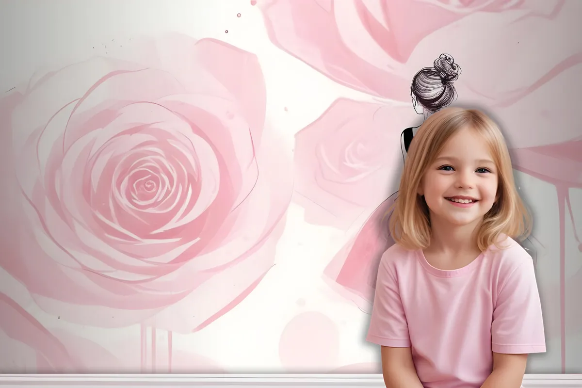 Ballerina Girl And Pink Roses Wallpaper Mural