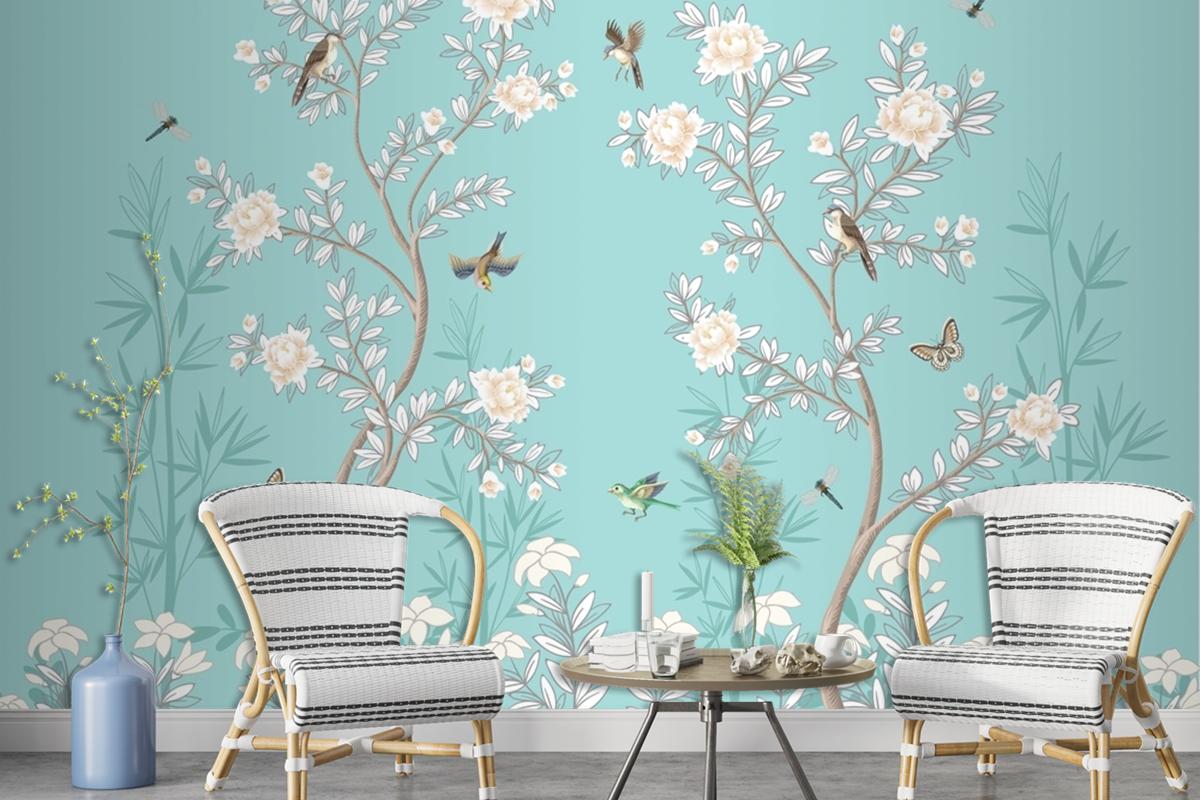 Chinoiserie Mural With Peonies And Birds Turquoise Wallpaper Mural