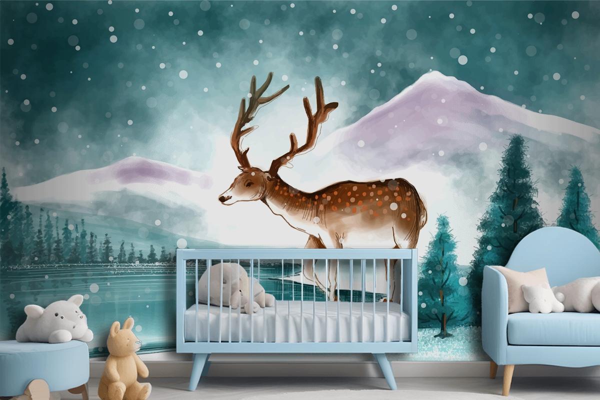 Beautiful Christmas Landscape In Winter With Christmas Deer Card Wallpaper Mural