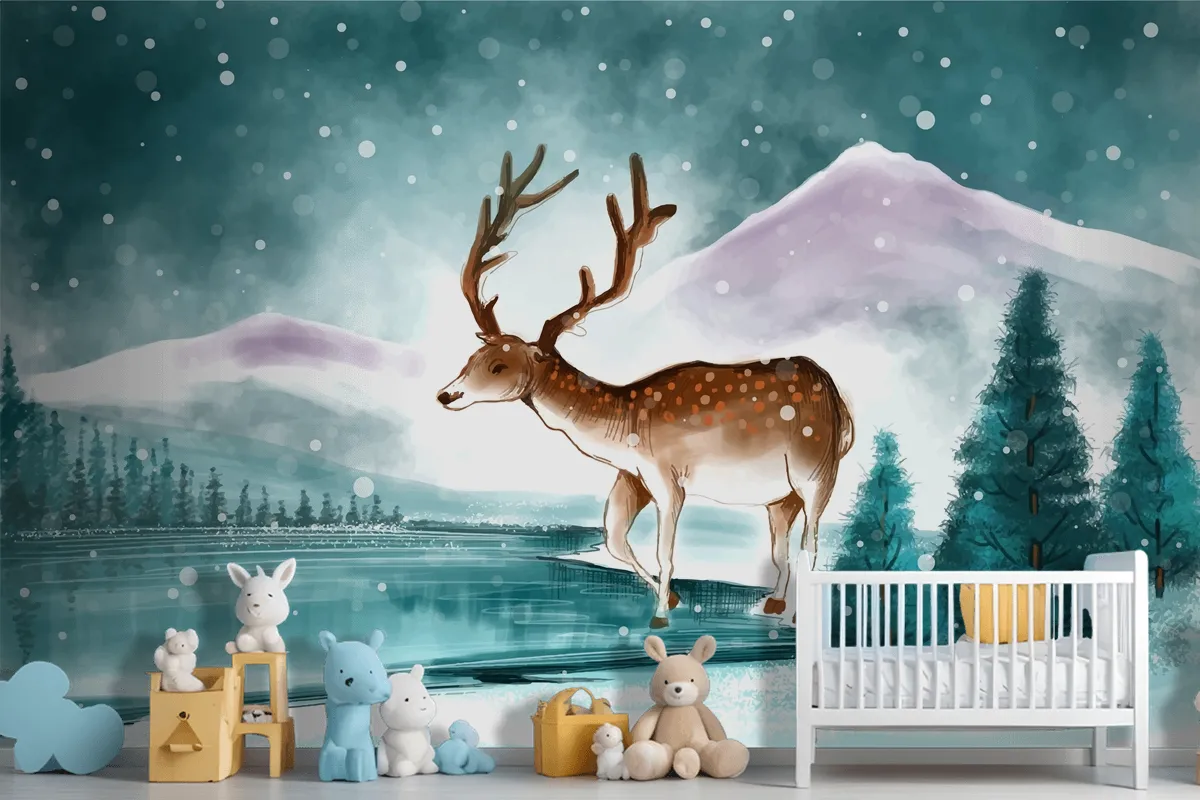 Beautiful Christmas Landscape In Winter With Christmas Deer Card Wallpaper Mural