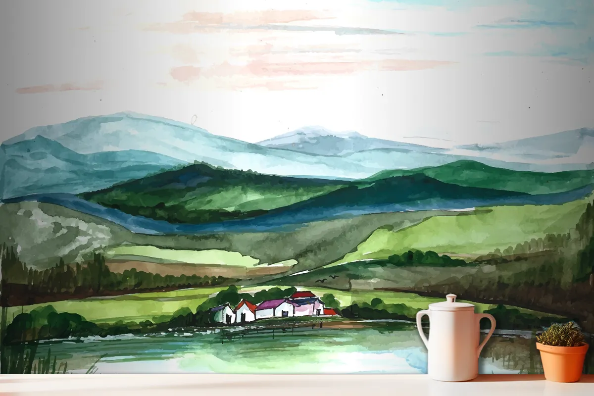 Beautiful Landscape Mountain Hand Draw Painting Wallpaper Mural