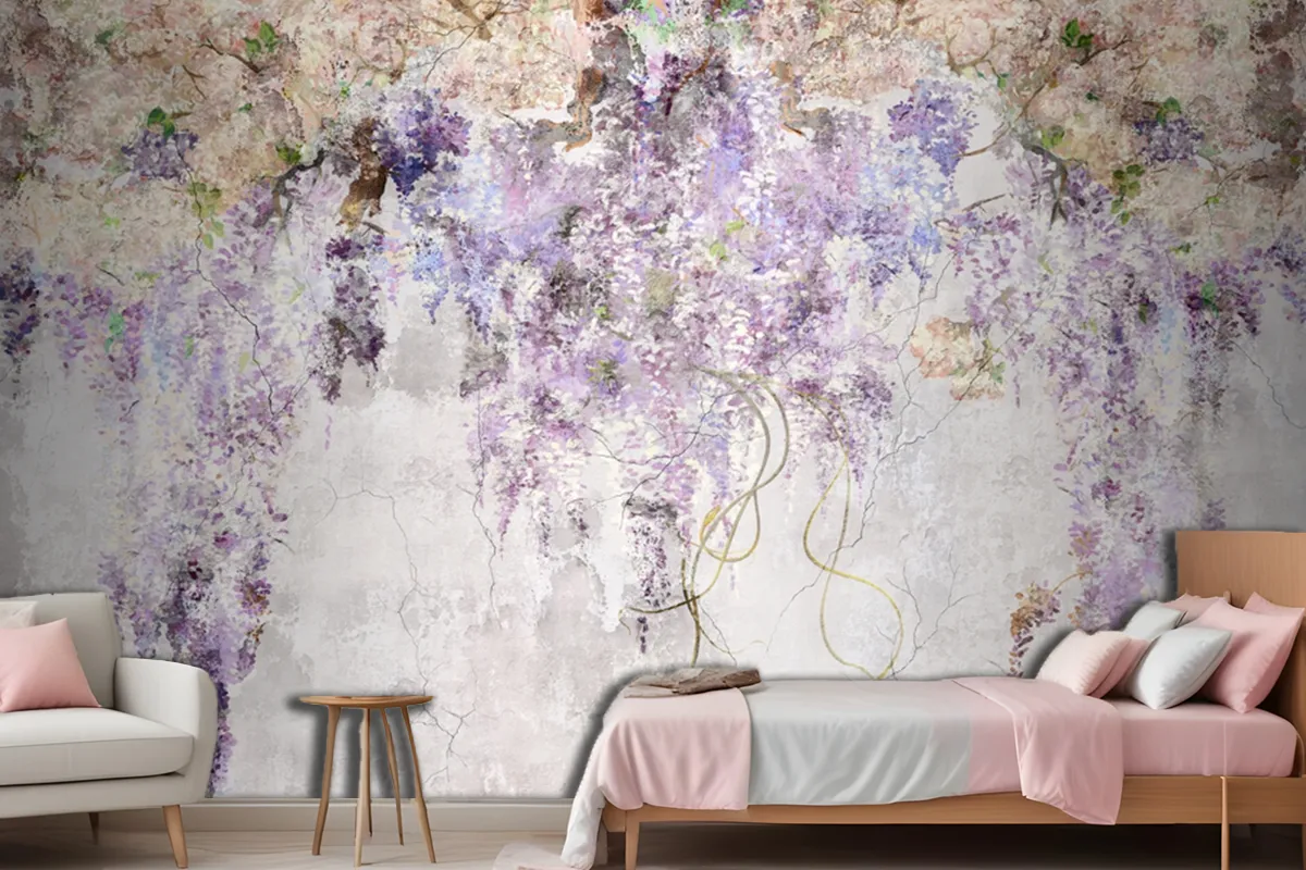 Beautiful Lilac Branches On The Concrete Grey Vintage Wallpaper Mural