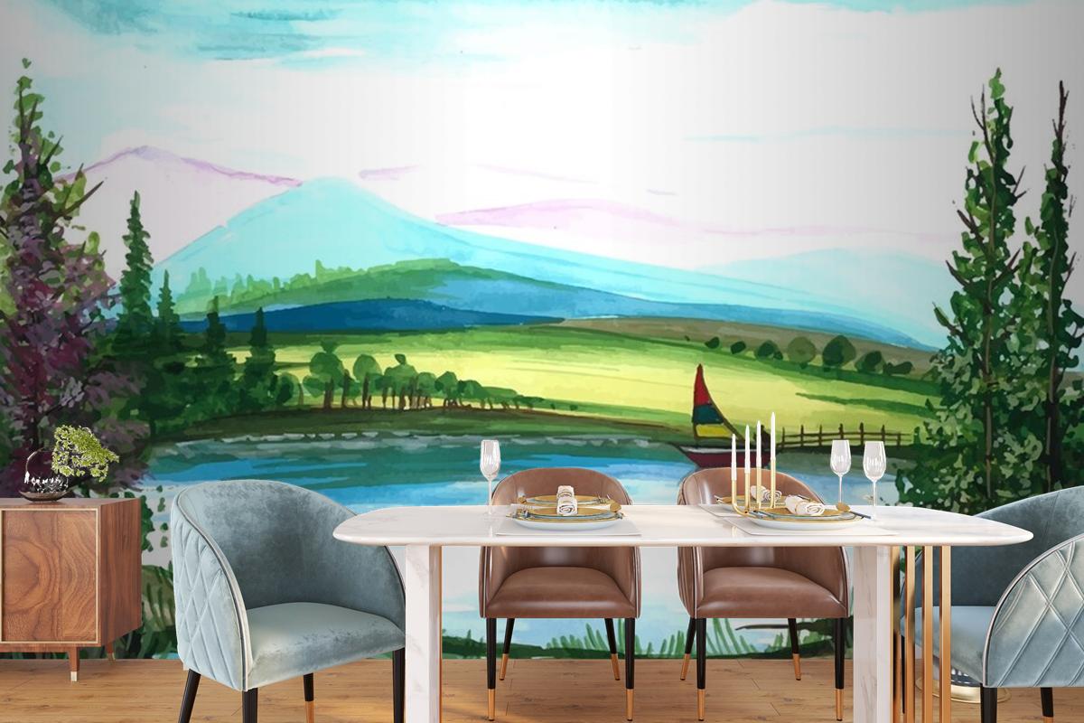 Beautiful Nature Landscape Hand Draw Watercolor Wallpaper Mural