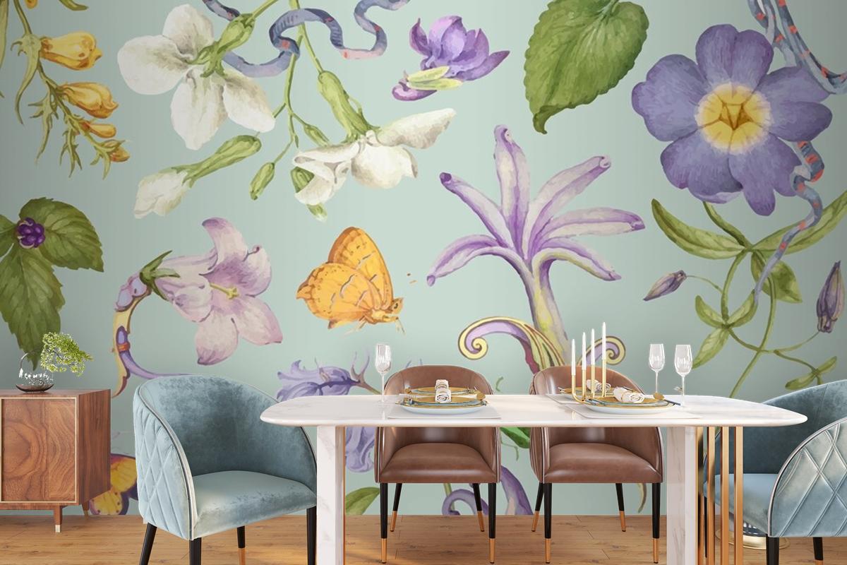 Beautiful Purple Floral Pattern On Green Wallpaper Mural