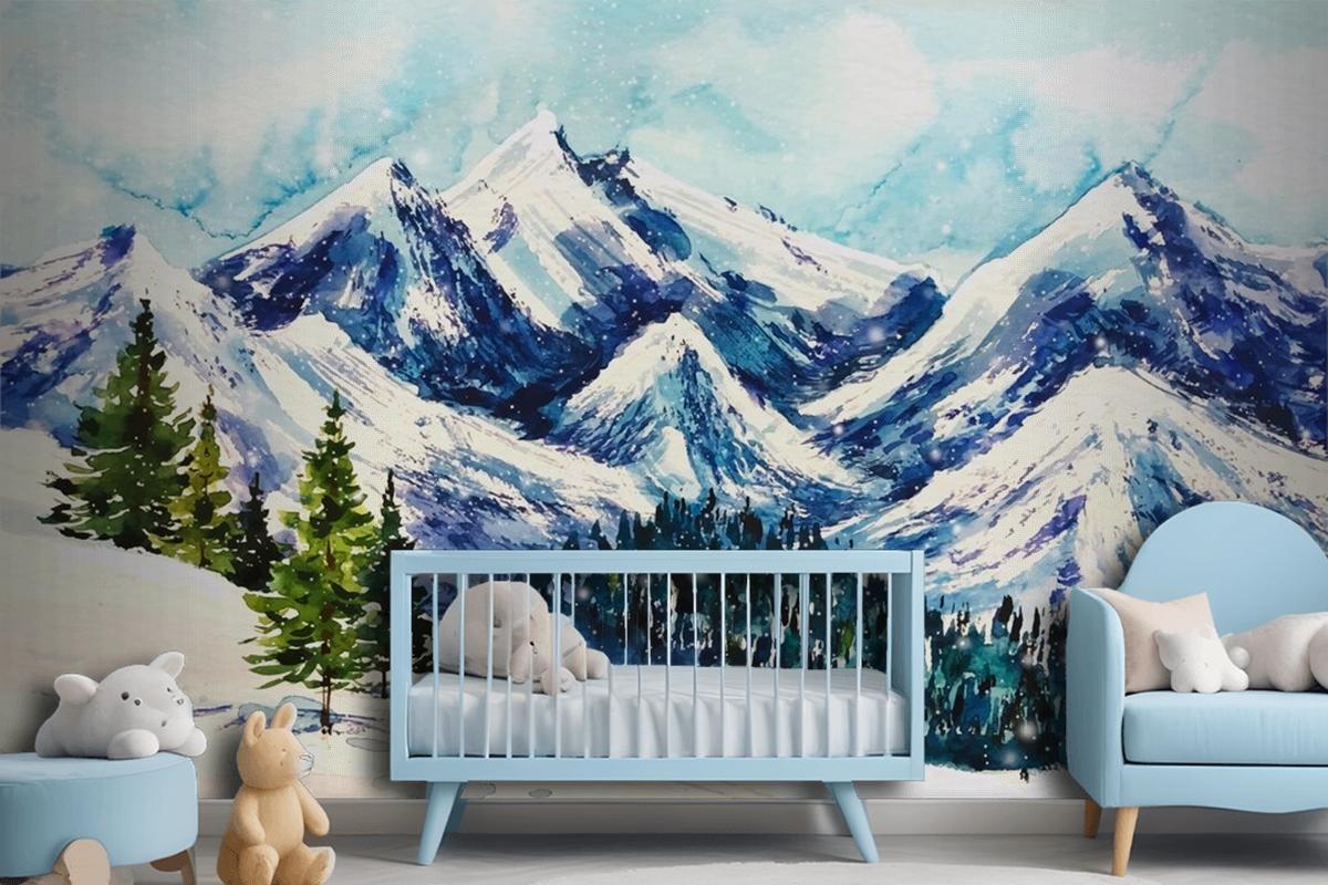 Beautiful Winter Landscape In Watercolor Background Wallpaper Mural