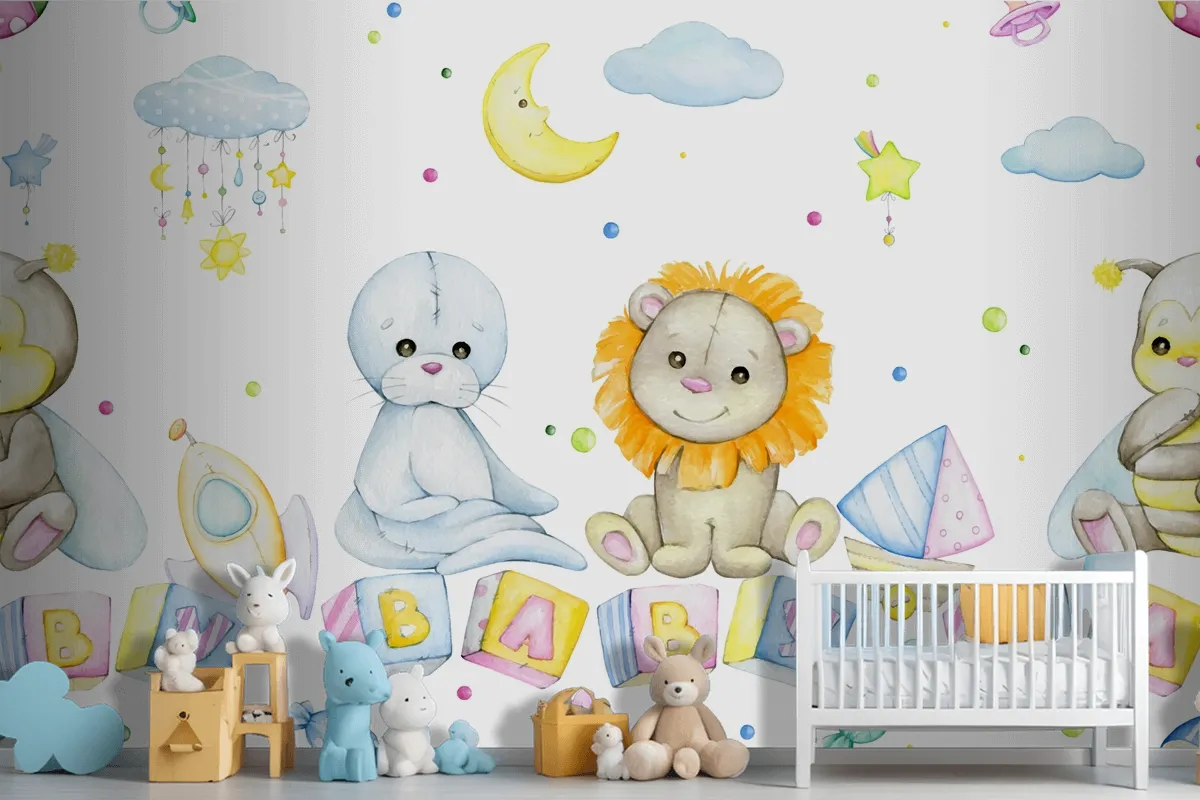 Bee Lion Seal Cubes With Letters Moon Stars Clouds Wallpaper Mural