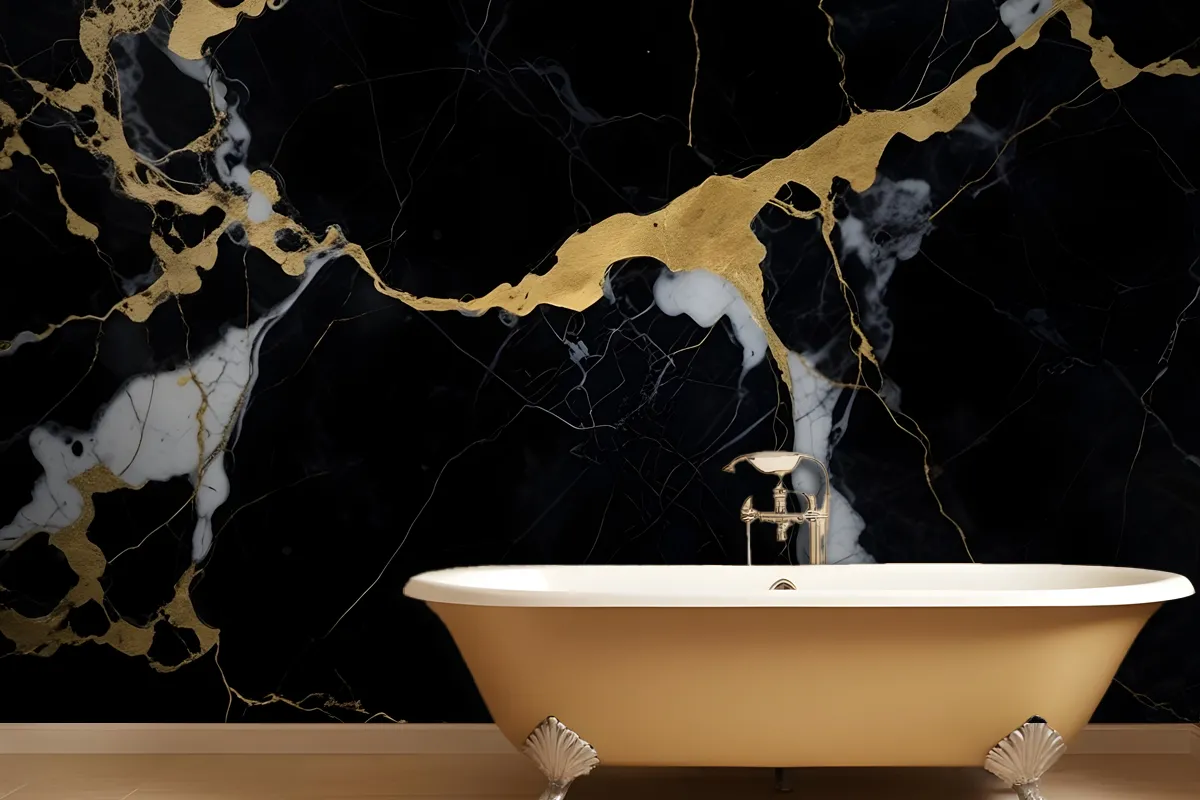 Black & Gold Dark Marble Effect Wallpaper Mural