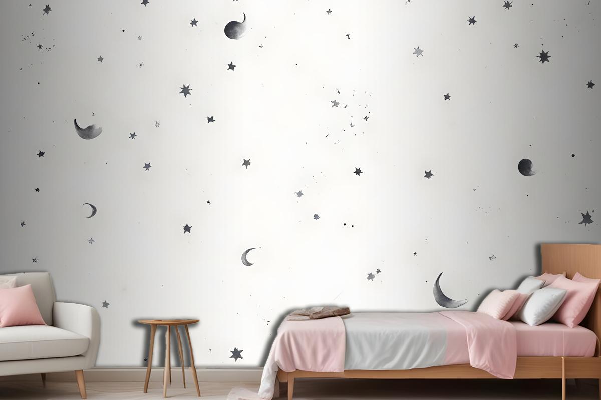 Black & White Moon & Stars Wallpaper Mural