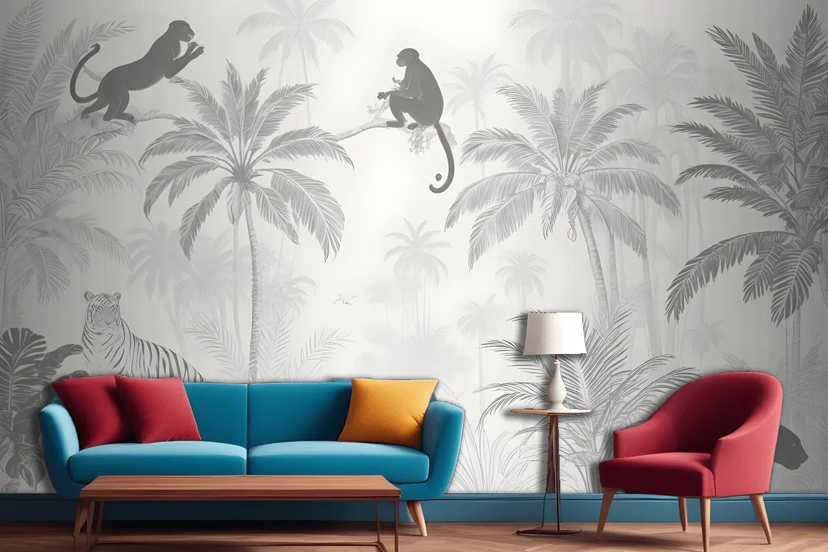 Black And White Jungle Palm Trees Flowers Animal Silhouettes Wallpaper Mural