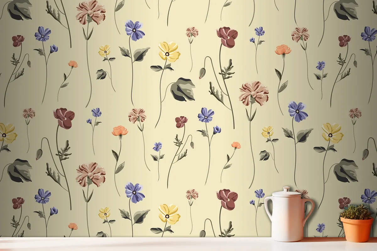 Blooming Flower Seamless Pattern On A Beige Wallpaper Mural