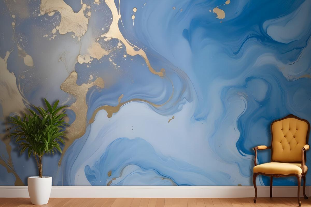 Blue Gold Look Marble With Splash Wallpaper Mural