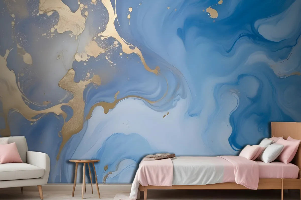 Blue Gold Look Marble With Splash Wallpaper Mural