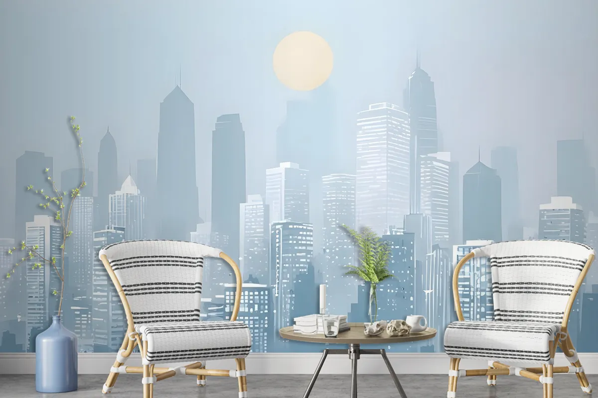 Blue Monochrome Cityscape And Soft Sun Wallpaper Mural