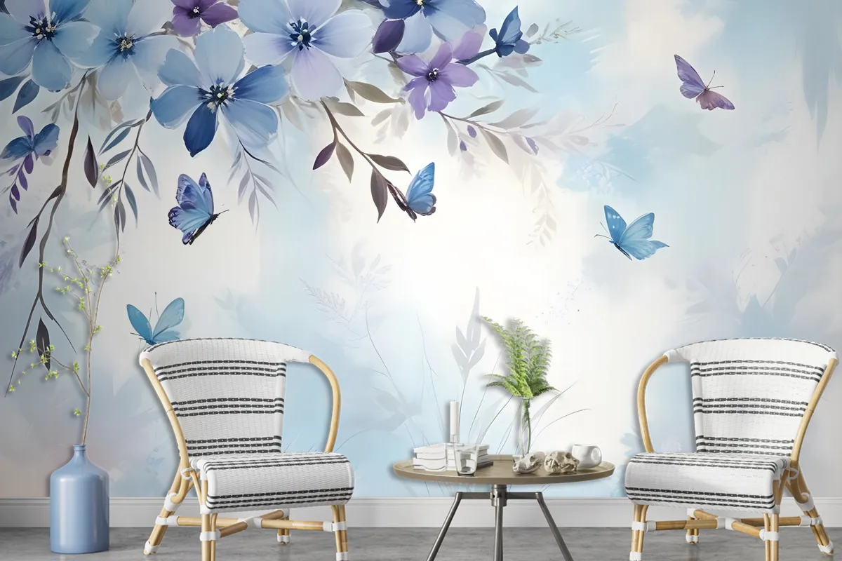 Blue Purple Floral With Little Butterfly Wallpaper Mural