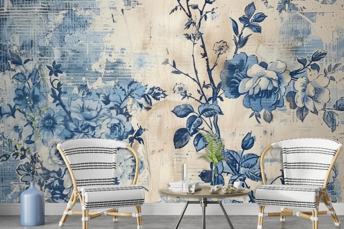 A Blue And White Floral Print Is On A Blue And White Wallpaper Mural