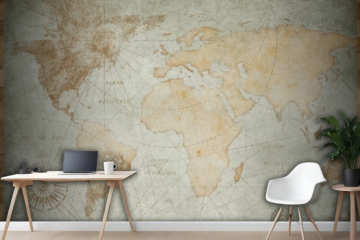 Blue Worn Vintage World Map Wallpaper Mural