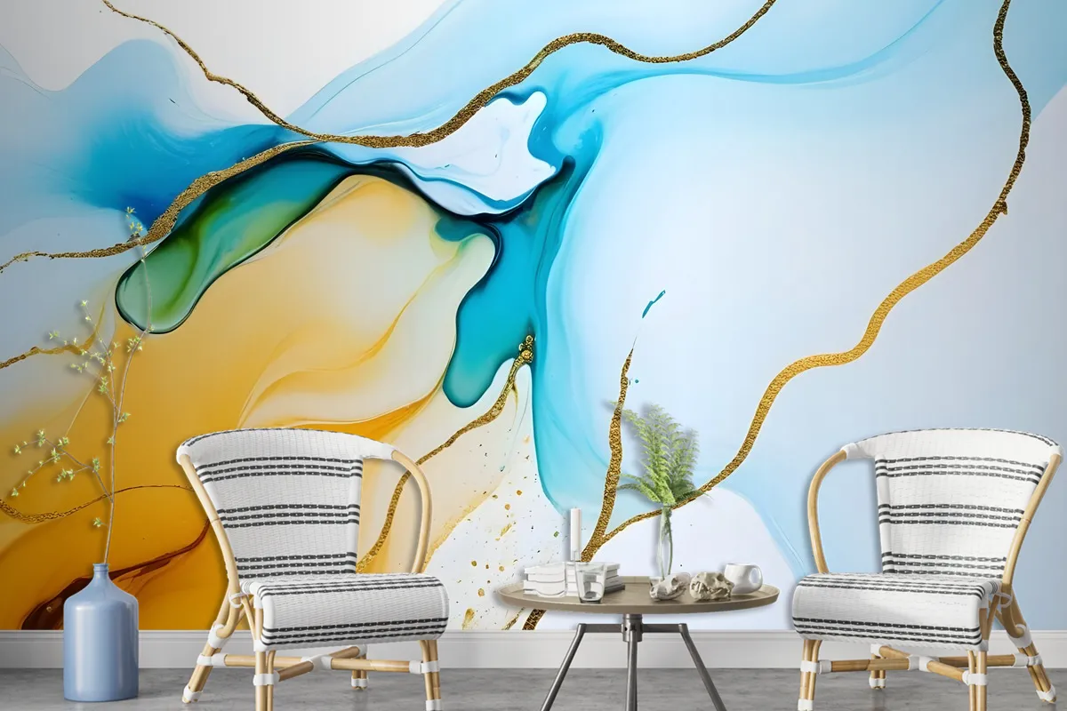 Blue Yellow Watercolor Brush With Modern Lines Wallpaper Mural