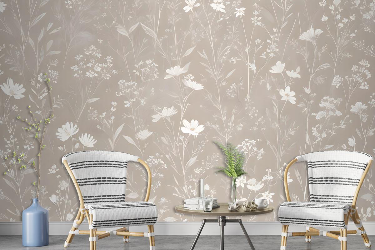 Bohemian Style Neutral Color Wild Flowers Art Wallpaper Mural