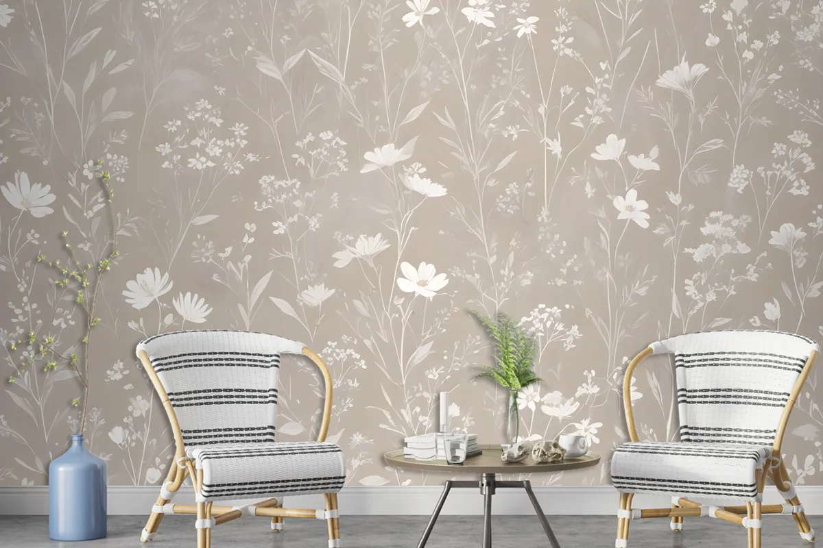 Bohemian Style Neutral Color Wild Flowers Art Wallpaper Mural