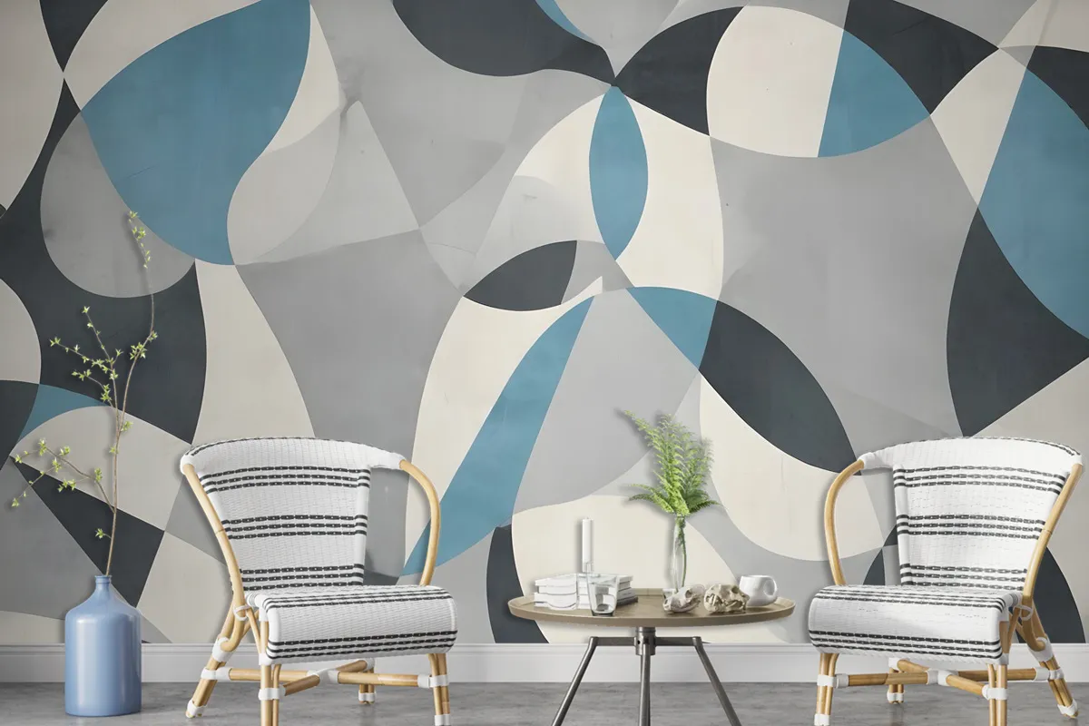 Boho Geometric Abstract Art Blue Wallpaper Mural