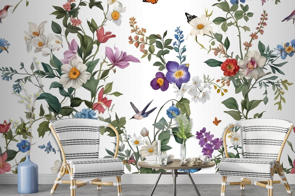 Botanical Flowers Floral With Birds Wallpaper Mural