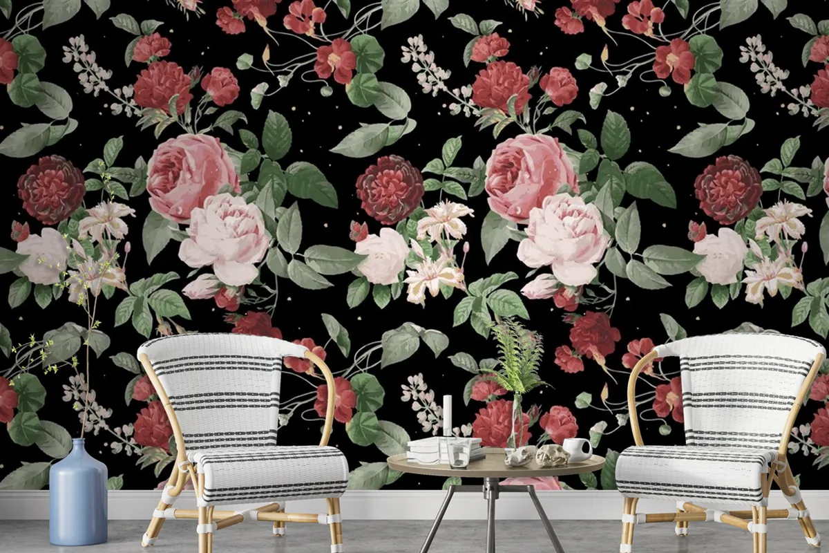 Botanical Valentine's roses pattern watercolor wallpaper mural