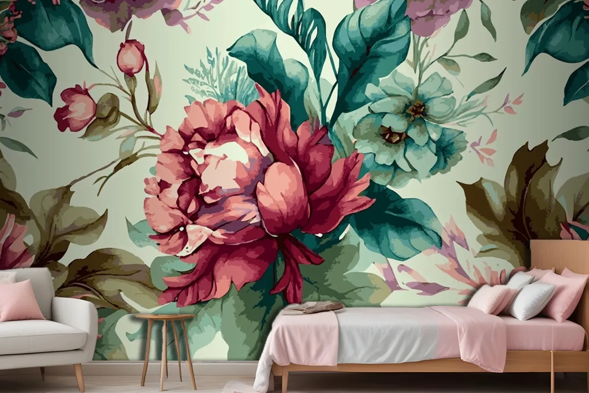 Botanical Watercolor Hand Drawn Flowers Wallpaper Mural