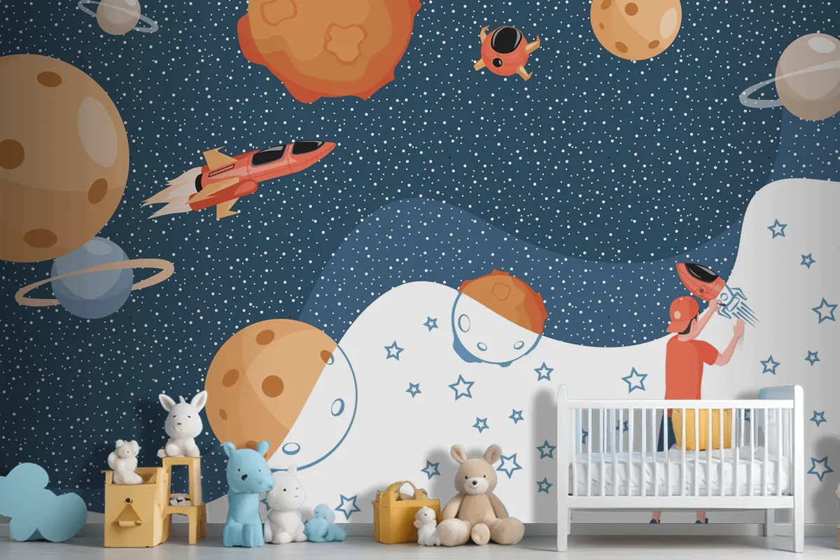 Boy Drawing Cosmos Planets Spaceships And Stars Wallpaper Mural