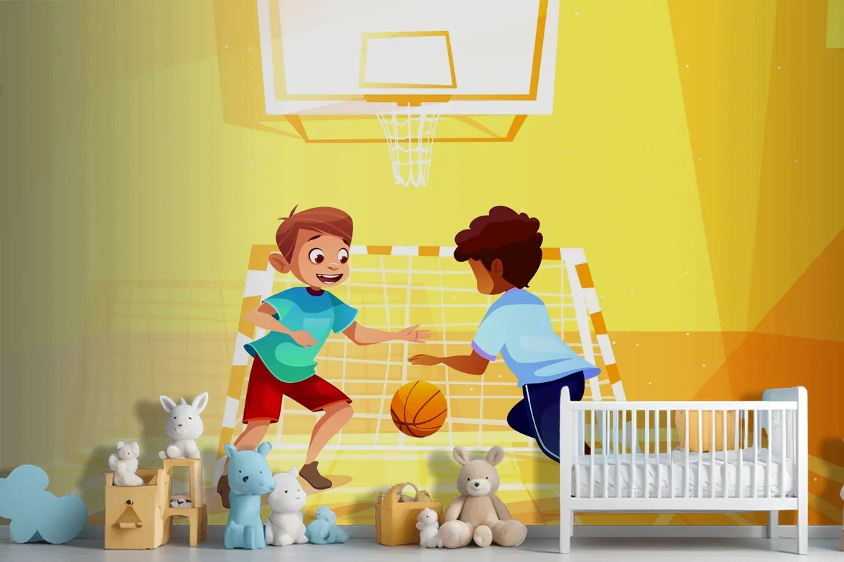 Boys Playing Basketball Kid With Ball In School Wallpaper Mural