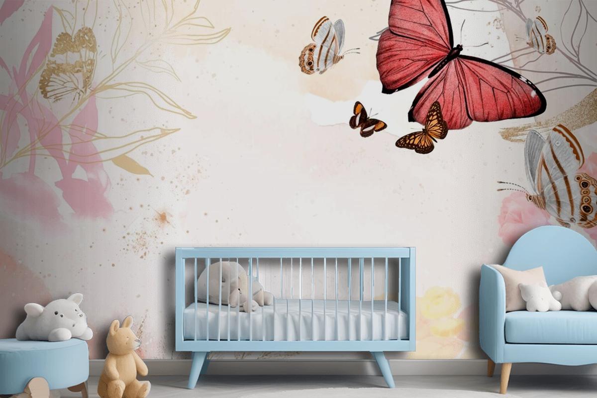 Butterfly Background Aesthetic Border With Flowers Wallpaper Mural