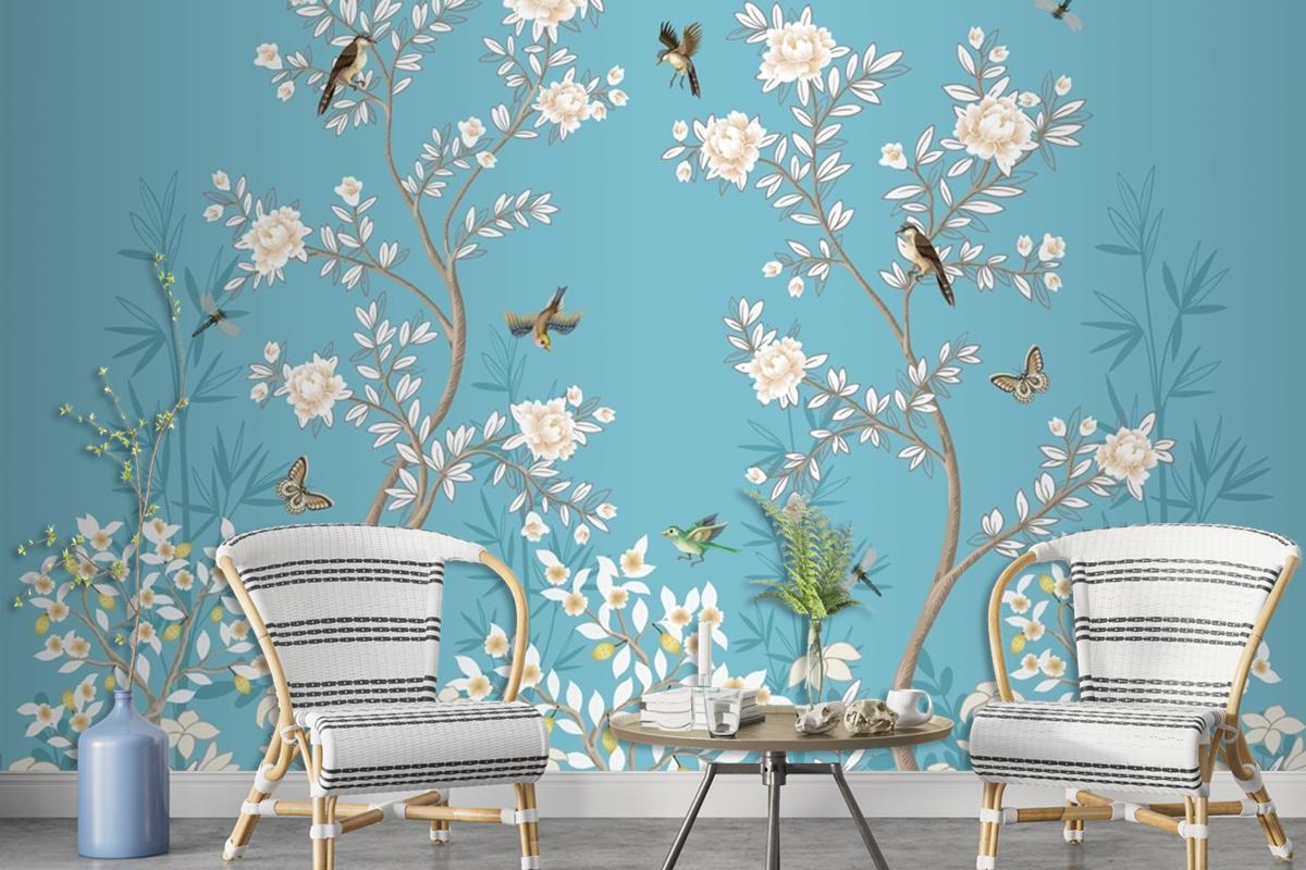 Chinoiserie Mural With Peonies And Birds Wallpaper Mural