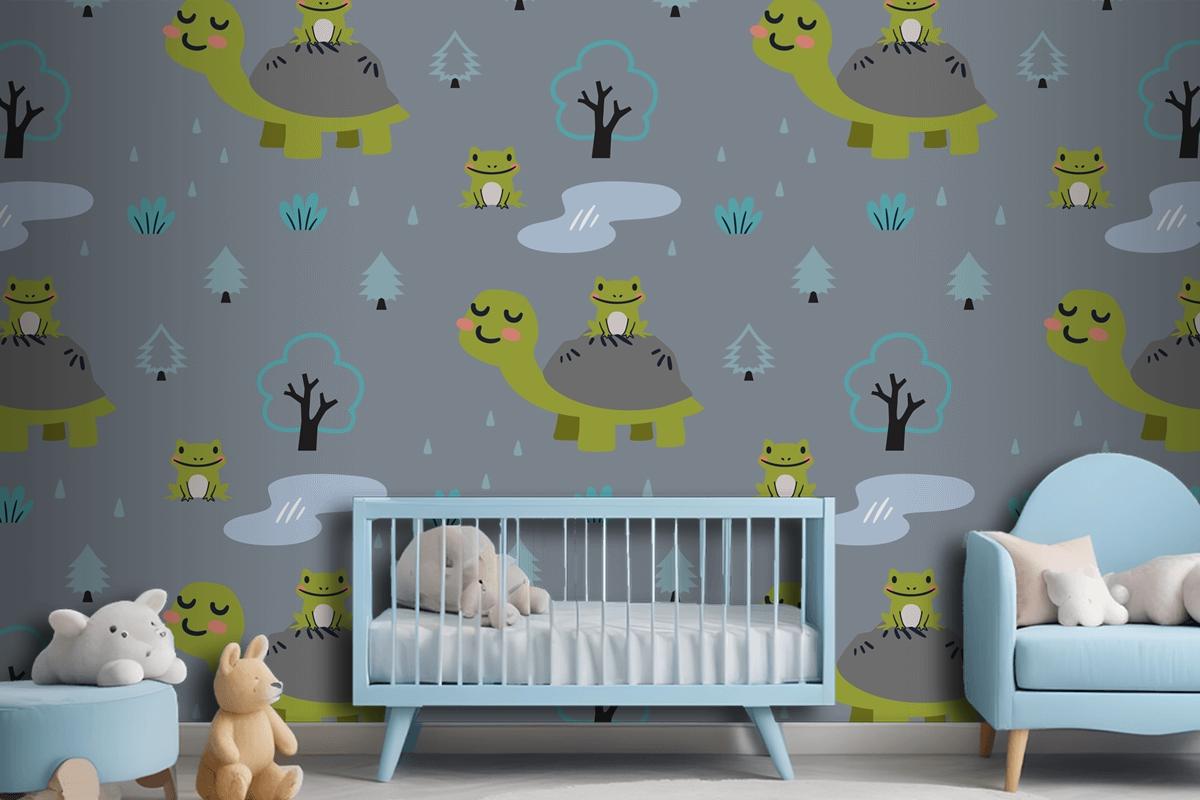 Cartoon Animals Pattern With Cute Mom Turtle And Frogs Wallpaper Mural