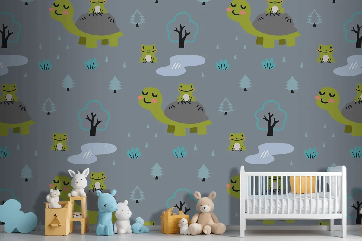 Cartoon Animals Pattern With Cute Mom Turtle And Frogs Wallpaper Mural