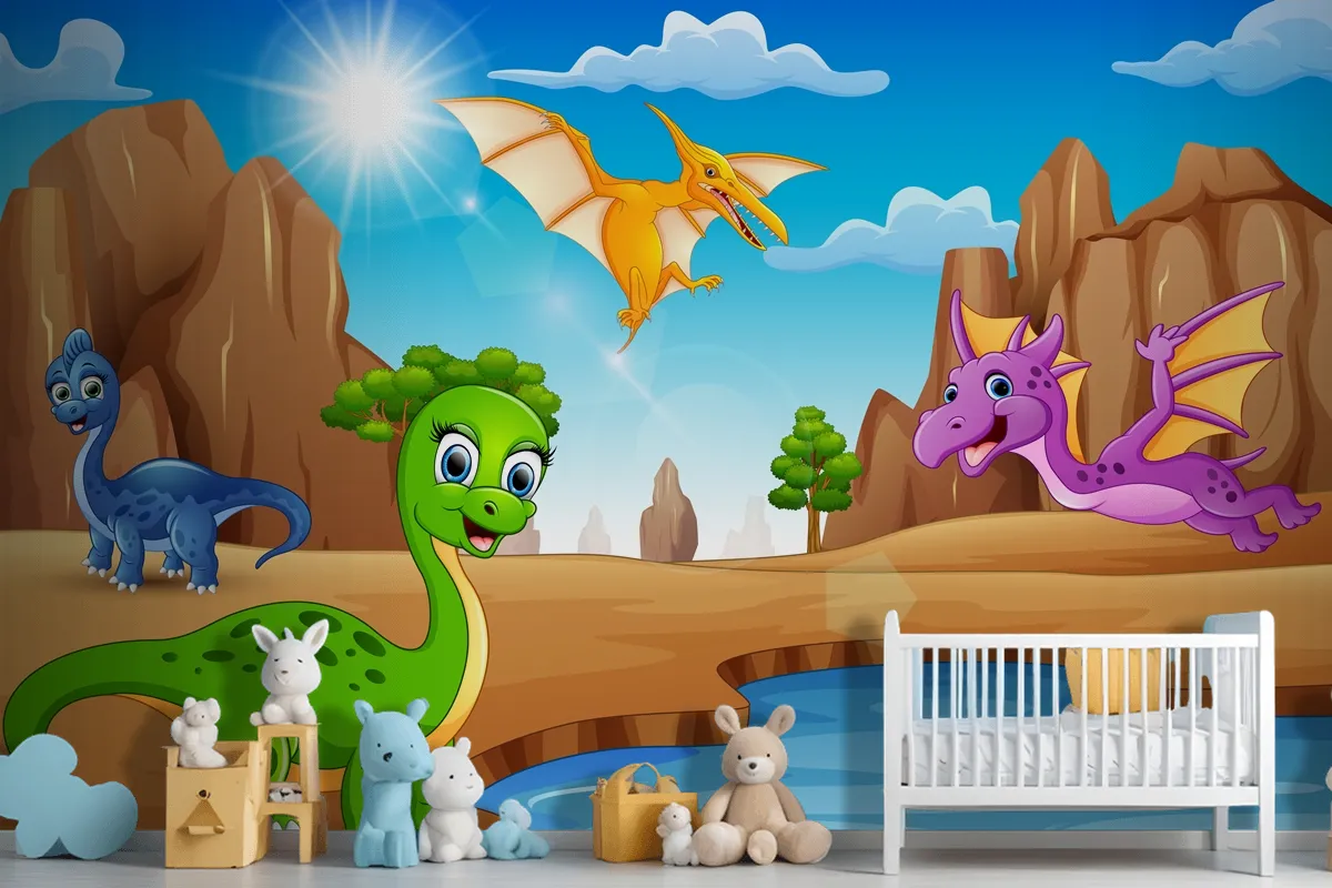 Cartoon Happy Dinosaurs Living In The Desert Wallpaper Mural