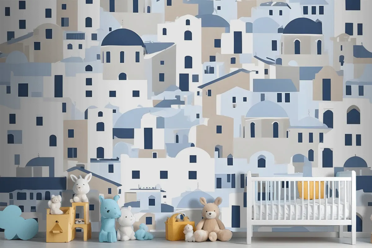 Cartoon Old Blue Greek House Wallpaper Mural