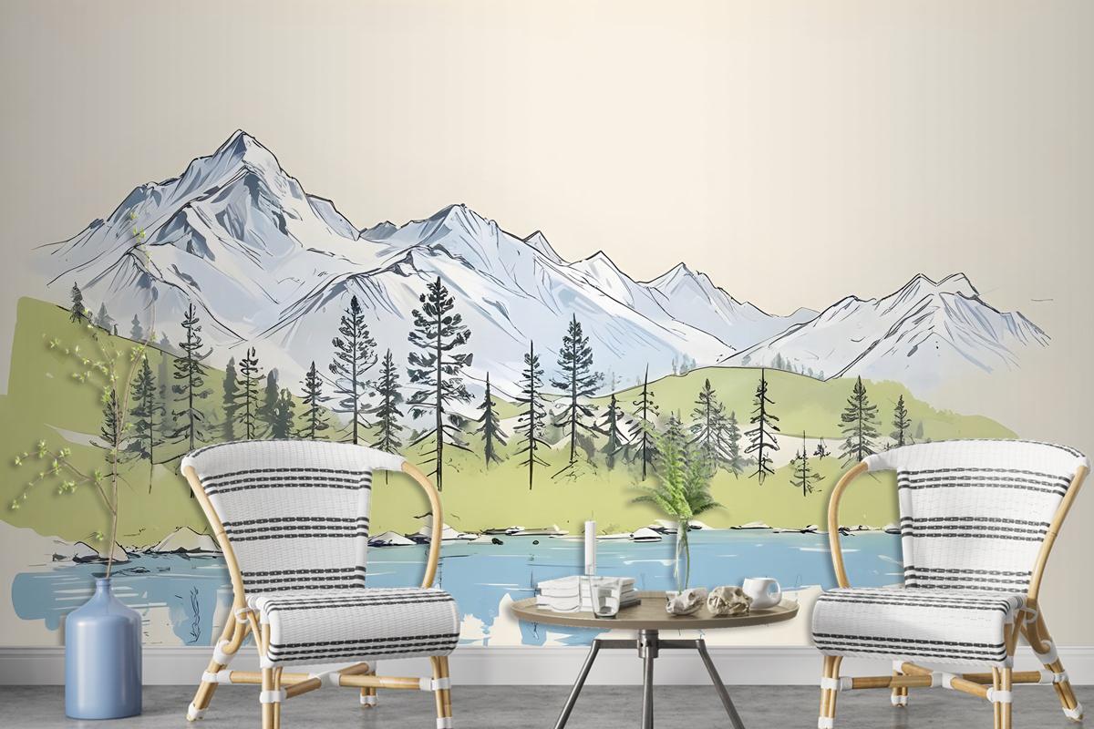 Charcoal Mountain Landscape With Lake And Pine Trees Wallpaper Mural